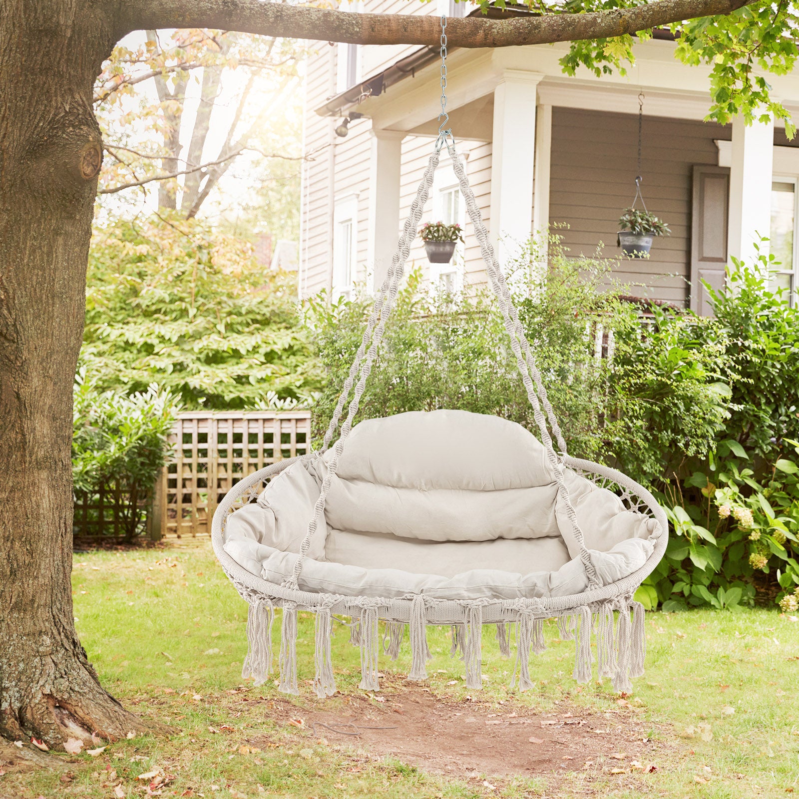 Hand-Woven Rope Hanging Chair with Thick Cushion-Beige